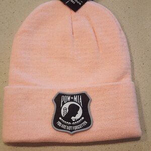 POW MIA Patched Knit Cuffed Beanie in Soft Pink